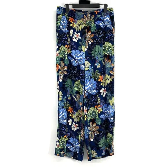 LOFT Pants Blue Floral Print Wide Leg Pull On Pockets - Picture 1 of 9